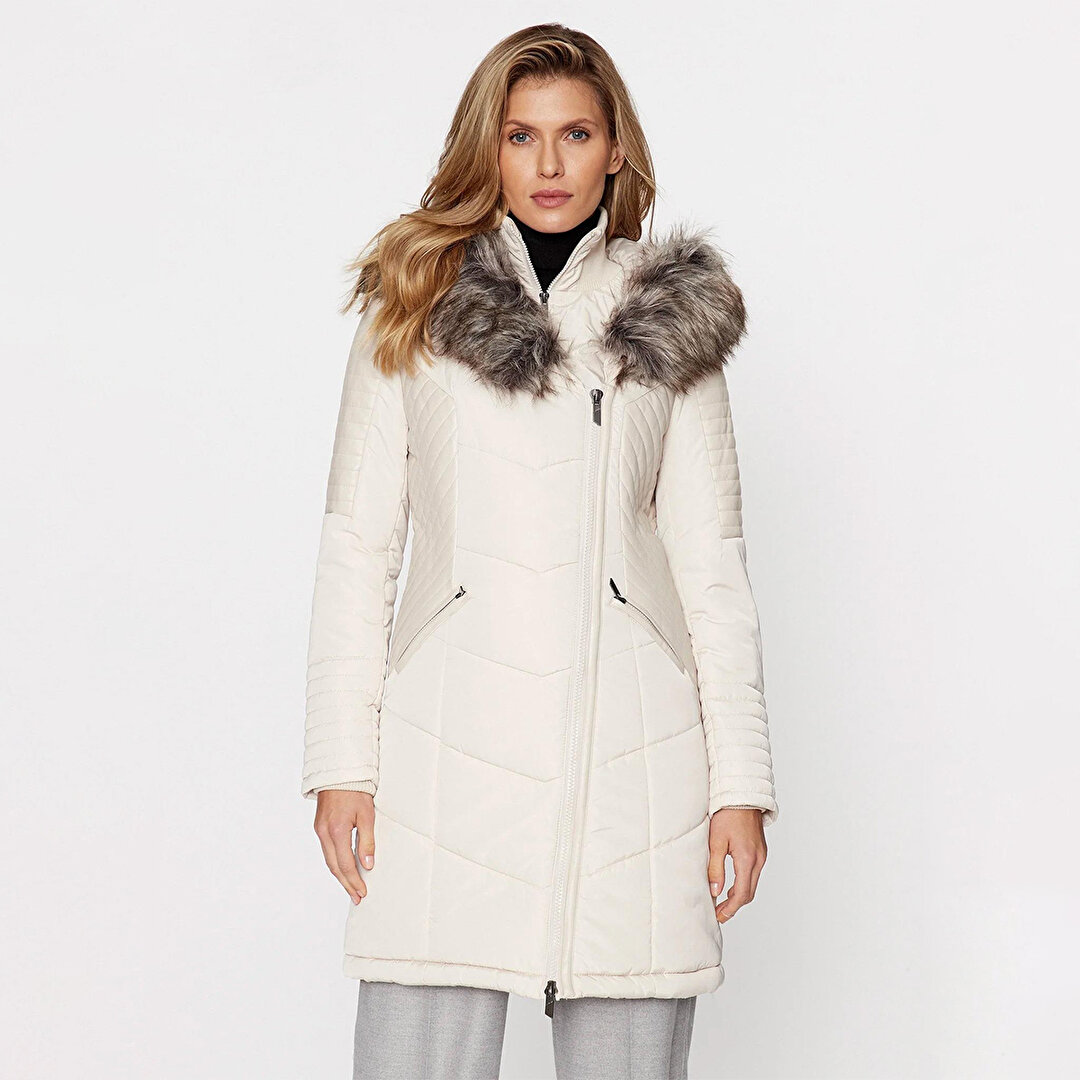Only New Linette Fur Hood Coat Kadın Ekru Kapüşonlu Mont