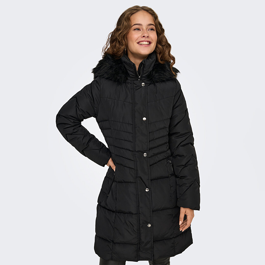 Only Nora Puffer Coat Kadın Siyah Kapüşonlu Mont 15321994-BLK