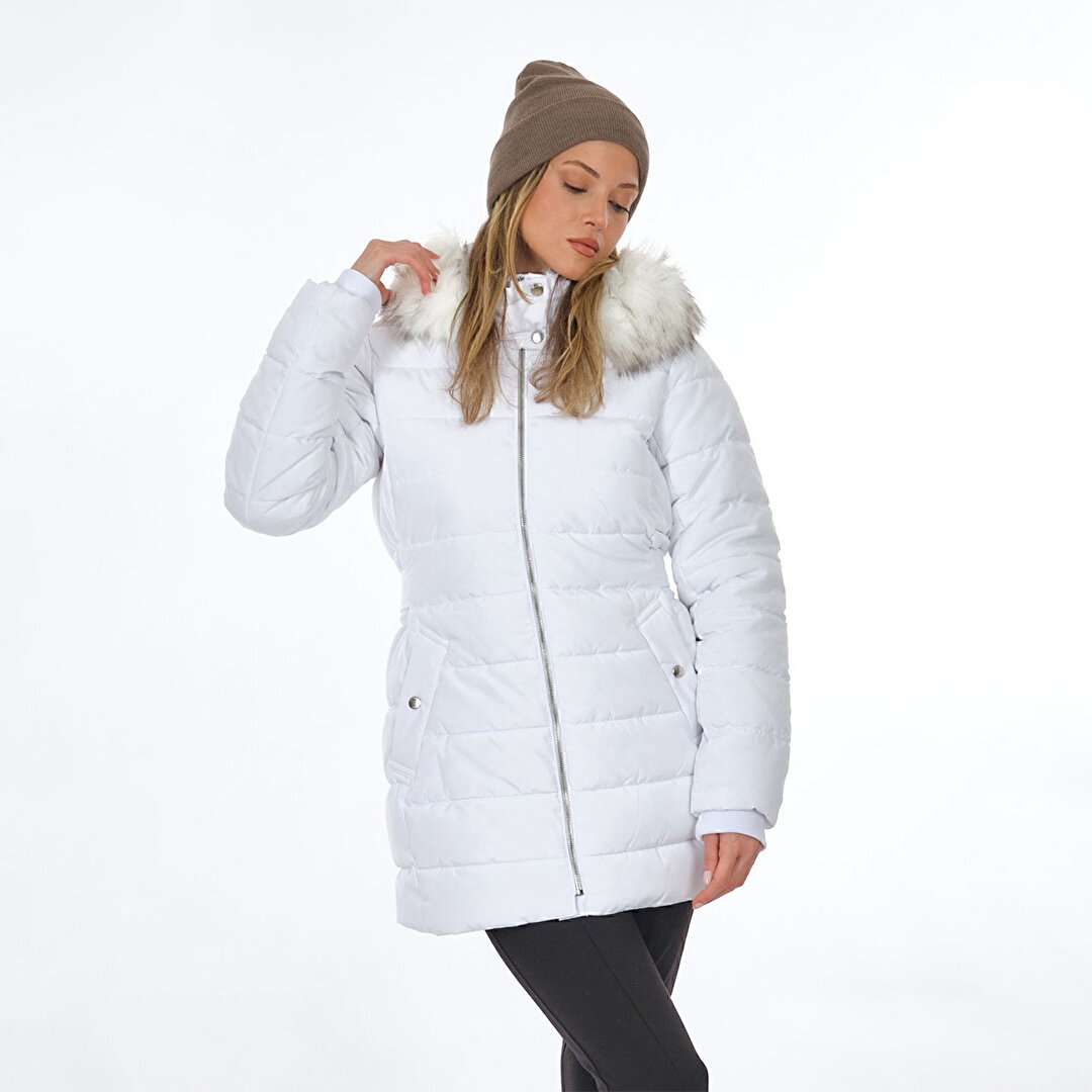Only New Camilla Quilt Fur Hood Coat Kadın Beyaz Kapüşonlu Mont