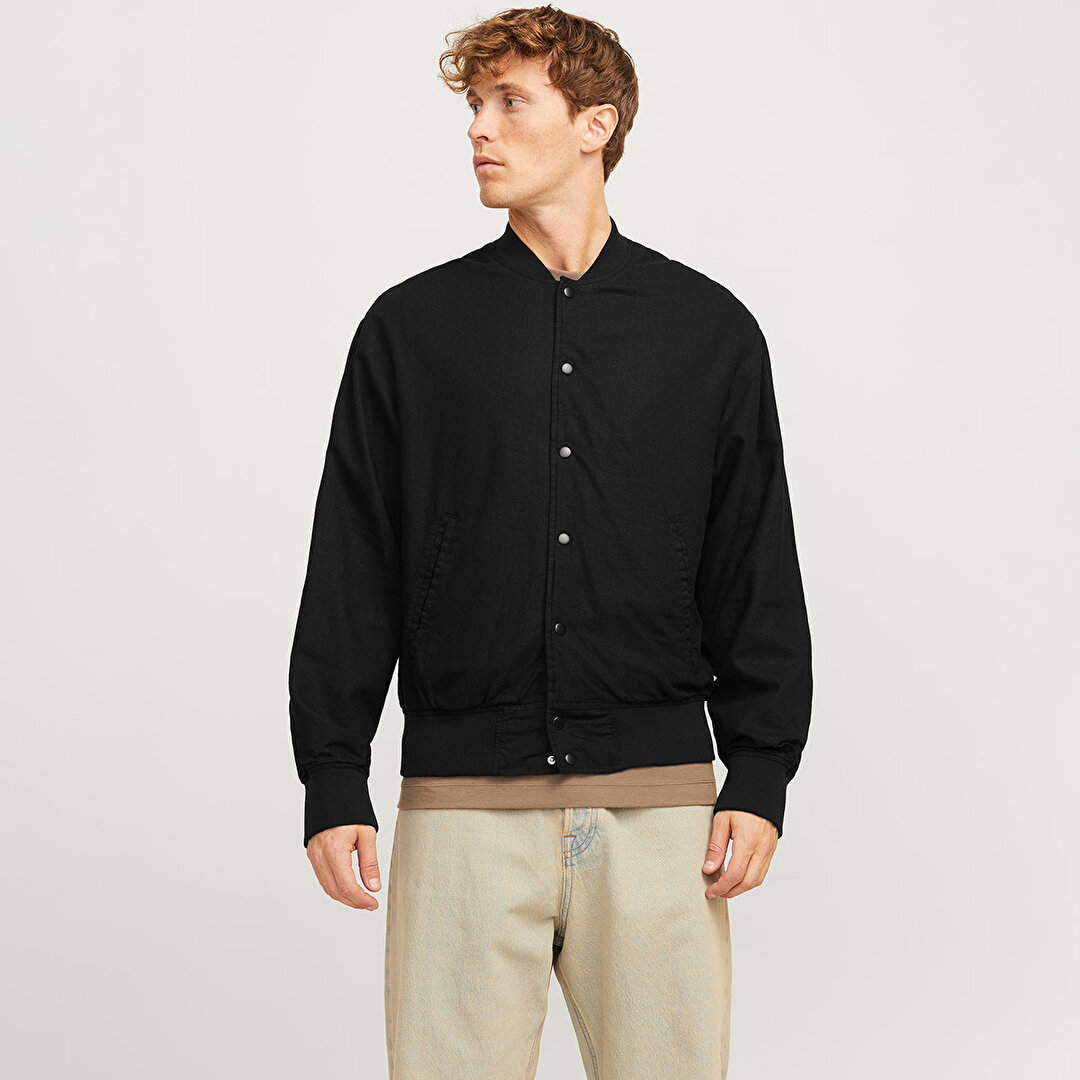 Jack&Jones Ario Linen Bomber Erkek Siyah Yuvarlak Yaka Ceket
