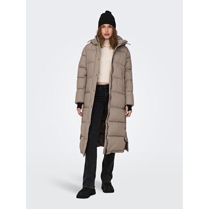 Only Ann Premium Puffer X-Long Otw Kadın Kahverengi Kapüşonlu Mont
