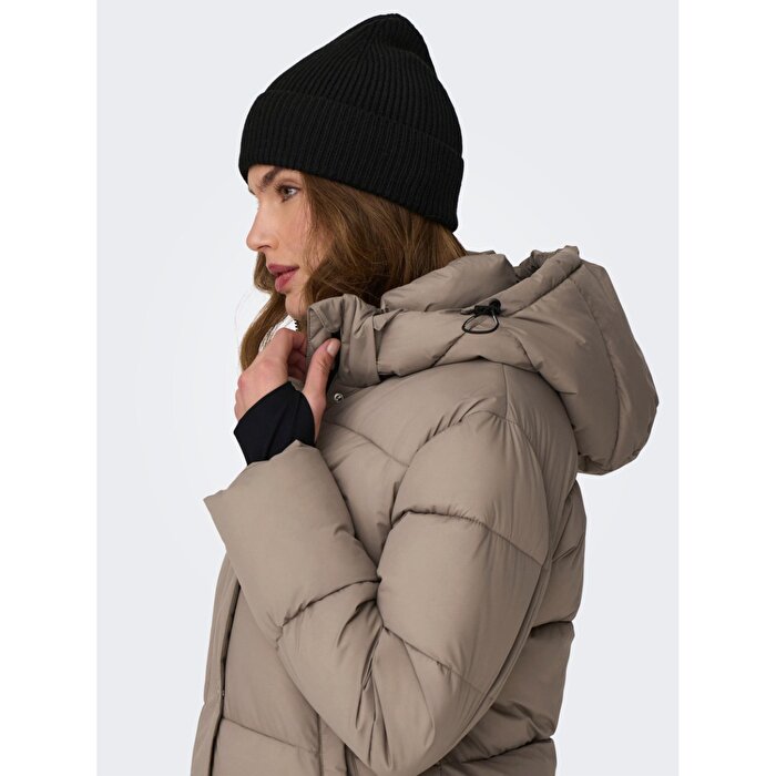 Only Ann Premium Puffer X-Long Otw Kadın Kahverengi Kapüşonlu Mont