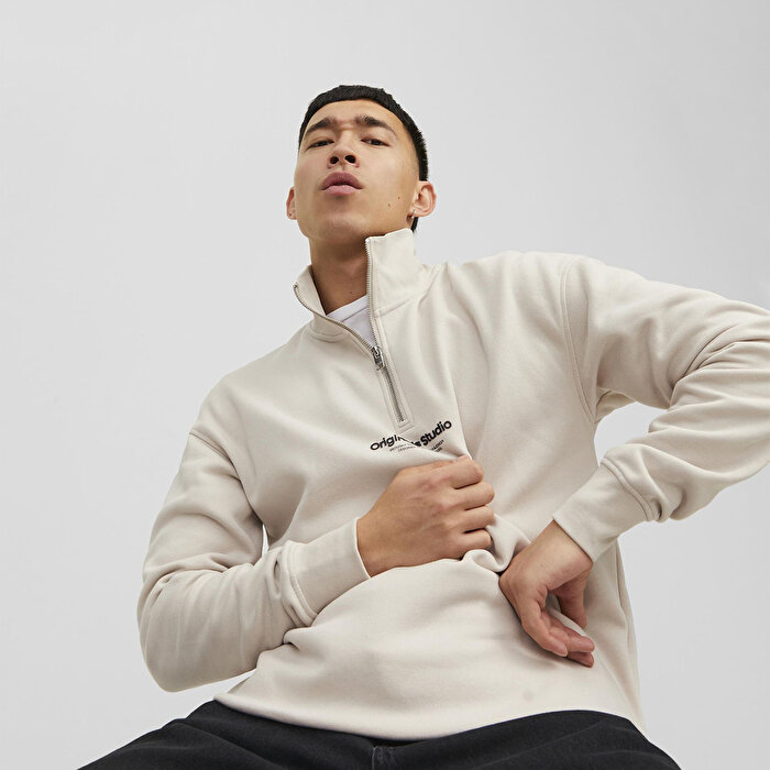 Jack&Jones Vesterbro Quarter Zip Erkek Bej Dik Yaka Sweatshirt