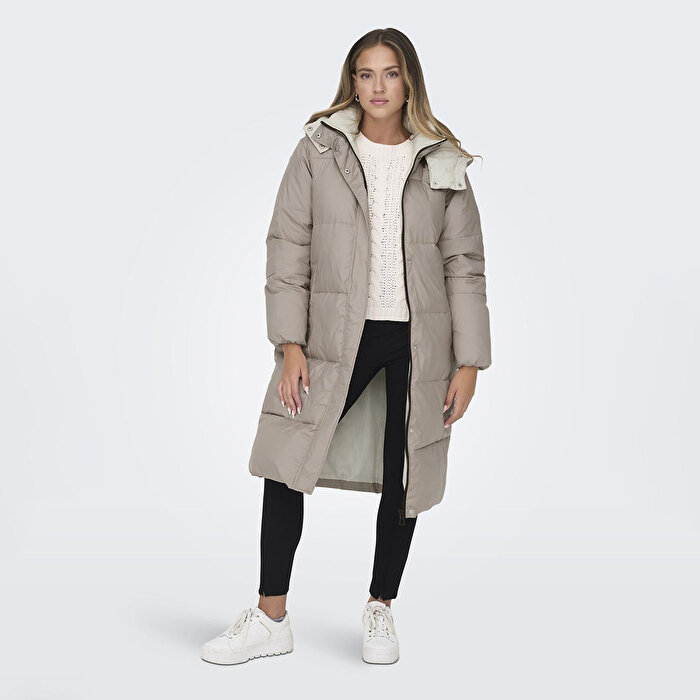 Only Vilma Down Long Coat Kadın Gri Kapüşonlu Mont