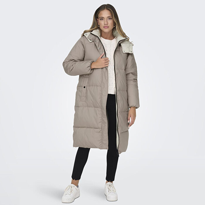 Only Vilma Down Long Coat Kadın Gri Kapüşonlu Mont