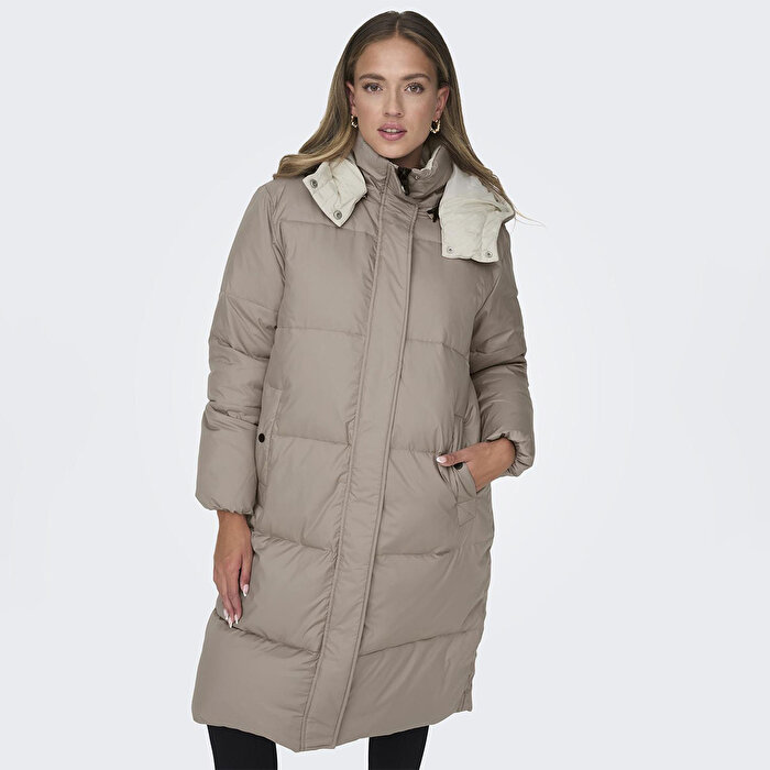Only Vilma Down Long Coat Kadın Gri Kapüşonlu Mont