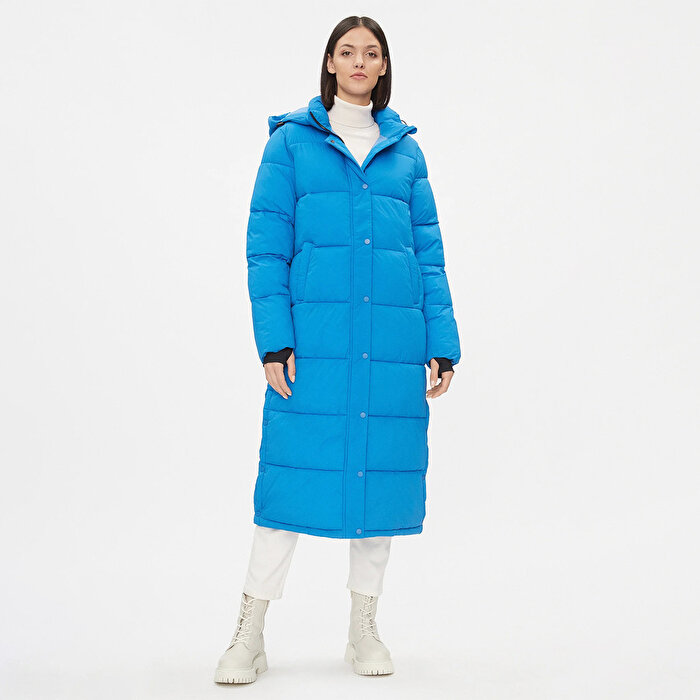 Only Ann Premium Puffer X-Long Otw Kadın Mavi Kapüşonlu Mont