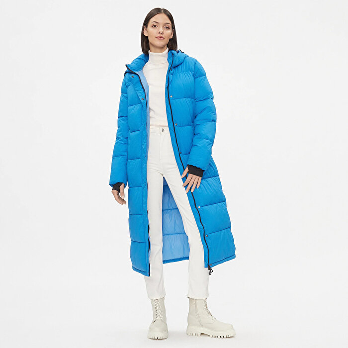Only Ann Premium Puffer X-Long Otw Kadın Mavi Kapüşonlu Mont