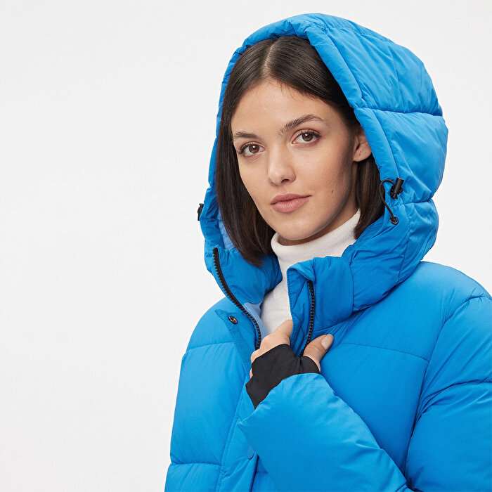 Only Ann Premium Puffer X-Long Otw Kadın Mavi Kapüşonlu Mont