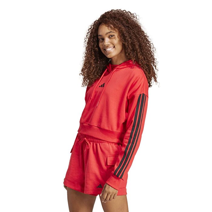 adidas Essentials 3-Stripes French Terry Crop Kadın Kırmızı Kapüşonlu Hoodie