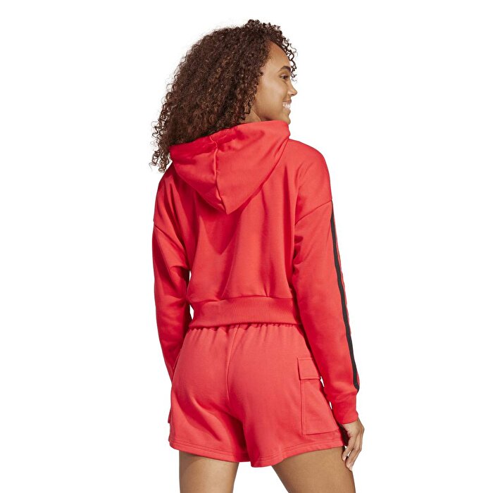 adidas Essentials 3-Stripes French Terry Crop Kadın Kırmızı Kapüşonlu Hoodie