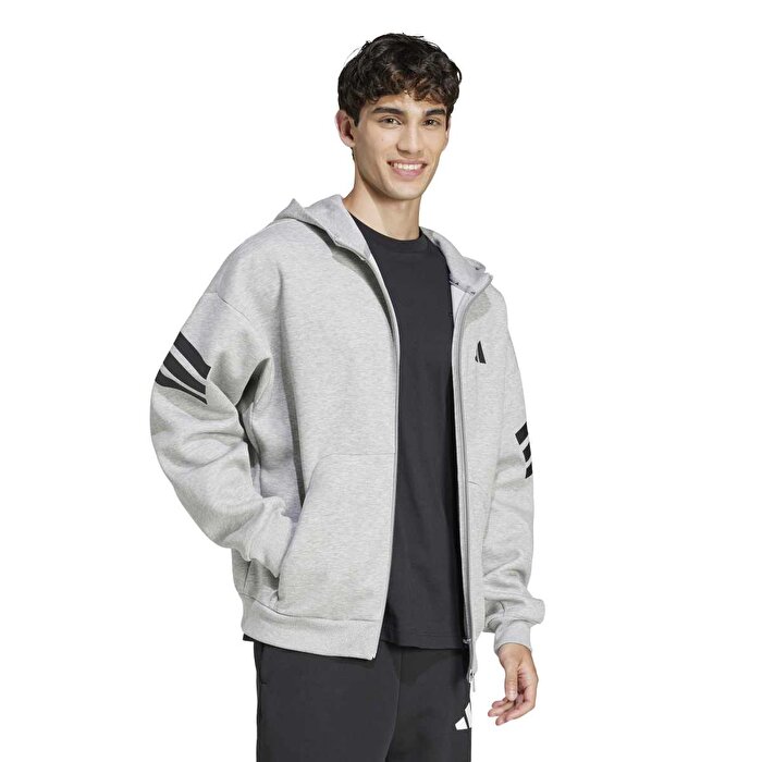 adidas Fleece Insulated 3 Stripes Erkek Gri Kapüşonlu Ceket