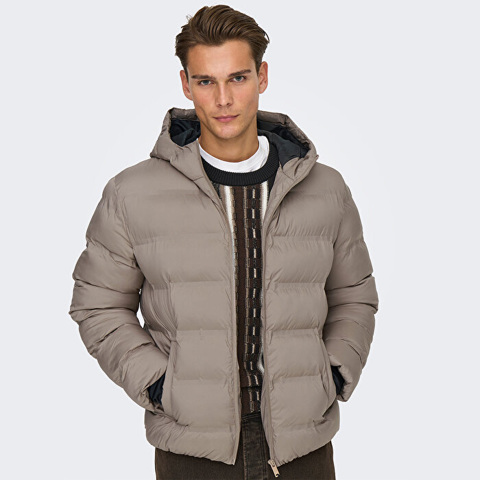 Only&Sons Union Seamless Life Puffer Erkek Bej Kapüşonlu Mont
