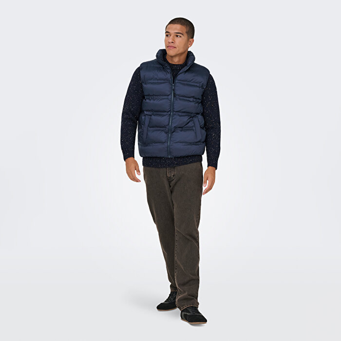 Only&Sons Union Seamless Life Puffer Erkek Lacivert Dik Yaka Yelek