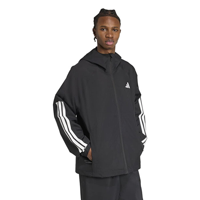 adidas Essentials 3 Stripes Erkek Siyah Kapüşonlu Ceket