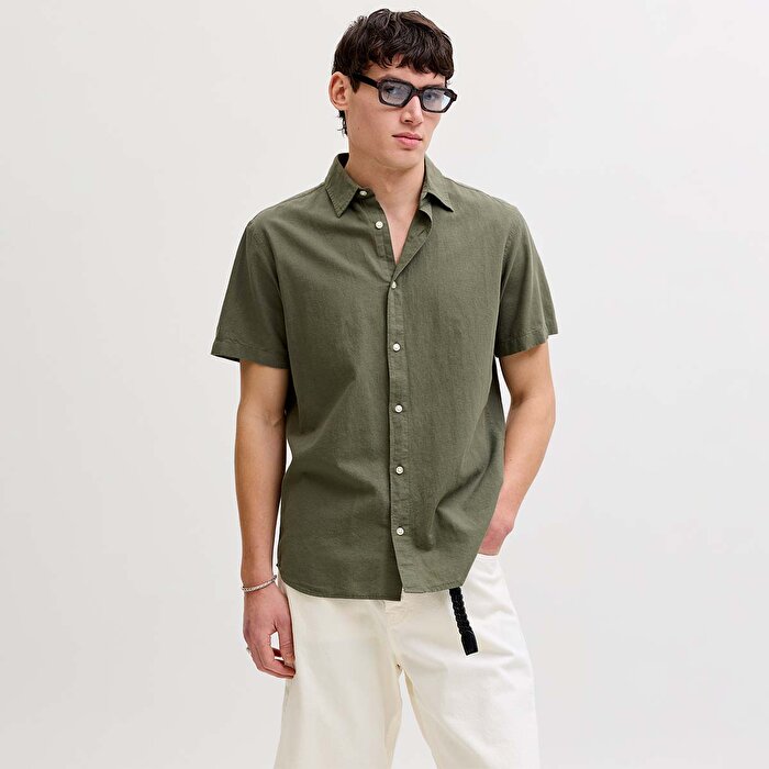 Jack&Jones Breeze Linen Blend Erkek Haki Klasik Yaka Gömlek