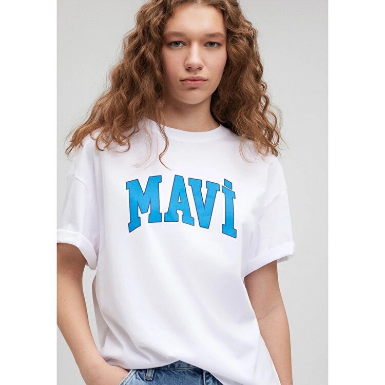 Mavi Kadın Beyaz Yuvarlak Yaka Tişört