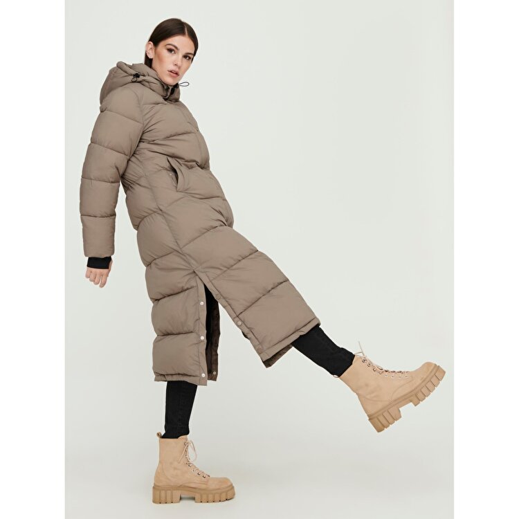 Only Ann Premium Puffer X-Long Otw Kadın Kahverengi Kapüşonlu Mont