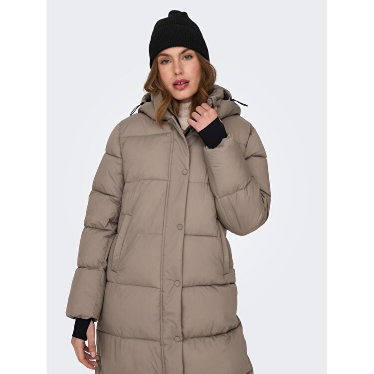 Only Ann Premium Puffer X-Long Otw Kadın Kahverengi Kapüşonlu Mont