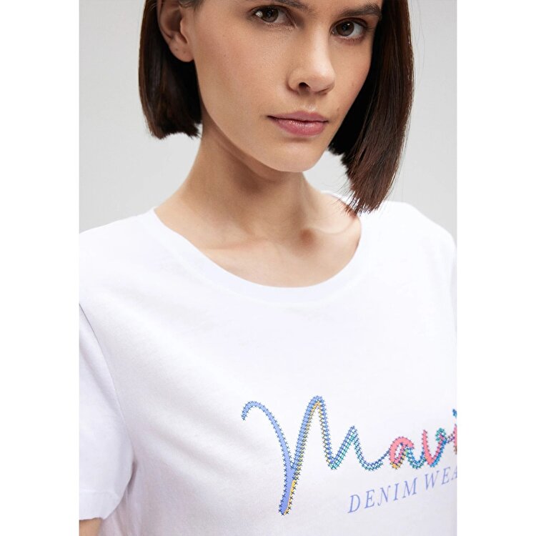 Mavi Logo Kadın Beyaz Yuvarlak Yaka Tişört