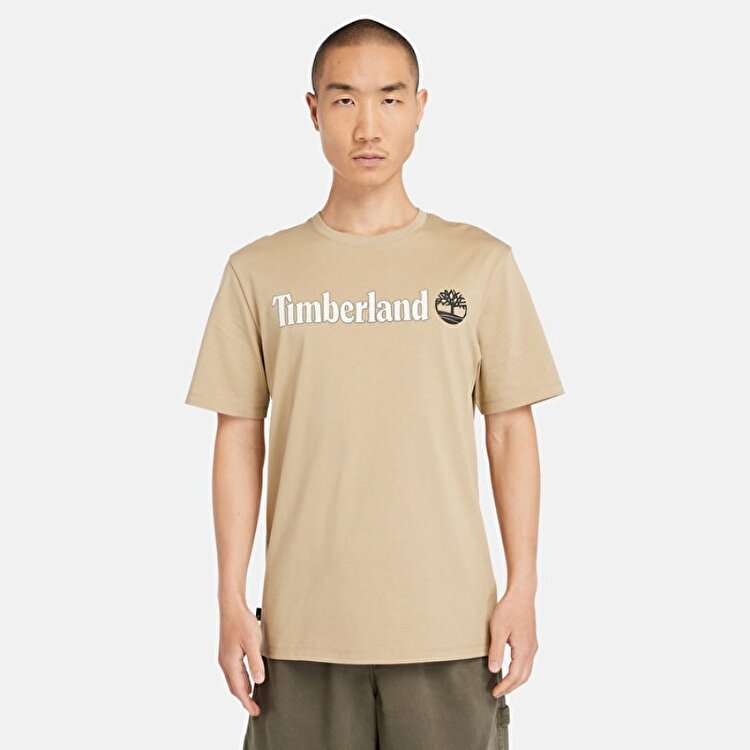 Timberland Linear Logo Erkek Bej Yuvarlak Yaka Tişört