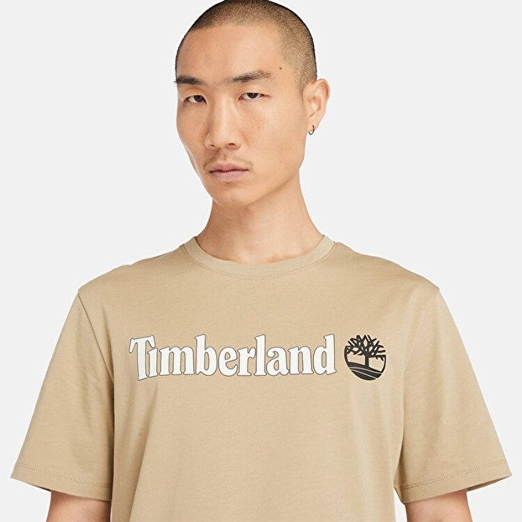 Timberland Linear Logo Erkek Bej Yuvarlak Yaka Tişört