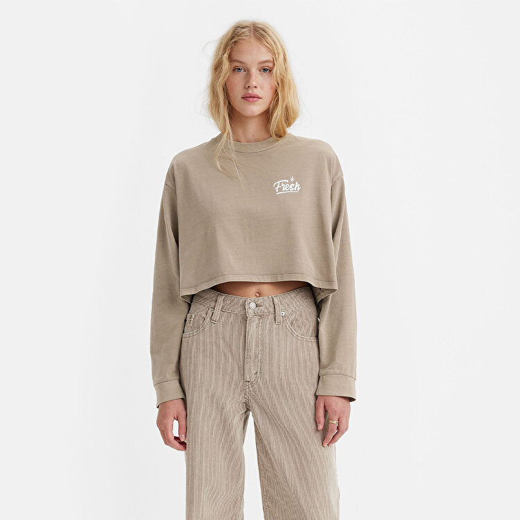 Levi's Crop Reese Fresh Logo Kadın Bej Yuvarlak Yaka Sweatshirt