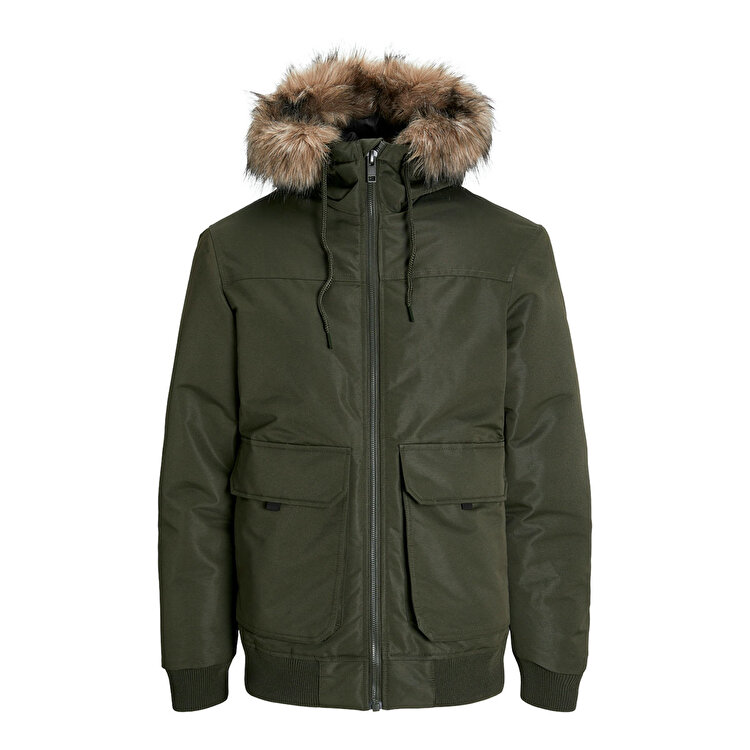 Jack&Jones Construct Faux Fur Bomber Erkek Yeşil Kapüşonlu Mont