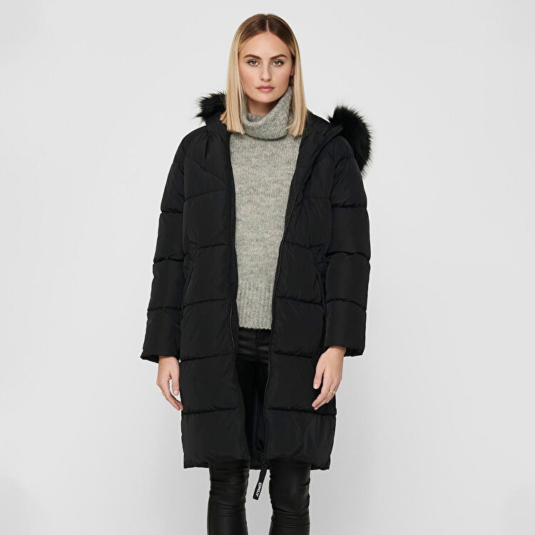 Only Monica Long Puffer Coat Kadın Siyah Kapüşonlu Mont 15205637