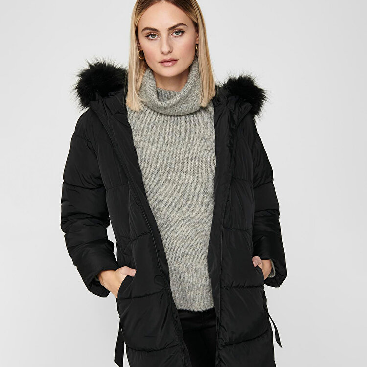 Only Monica Long Puffer Coat Kadın Siyah Kapüşonlu Mont