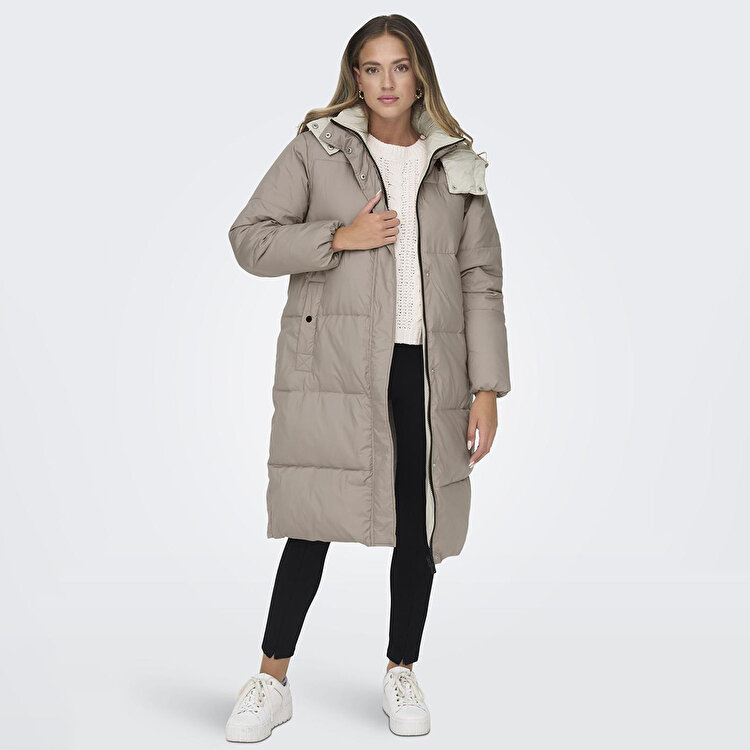 Only Vilma Down Long Coat Kadın Gri Kapüşonlu Mont
