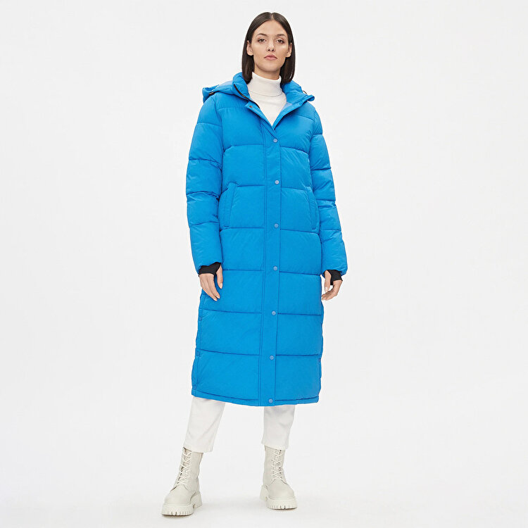 Only Ann Premium Puffer X-Long Otw Kadın Mavi Kapüşonlu Mont
