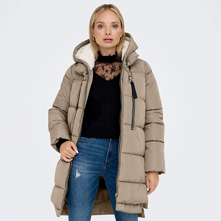 Only New Nora Long Puffer Coat Kadın Bej Kapüşonlu Mont 15304792
