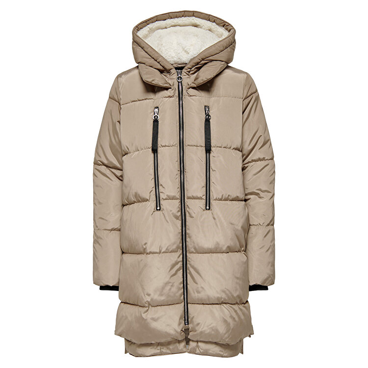 Only New Nora Long Puffer Coat Kadın Bej Kapüşonlu Mont 15304792