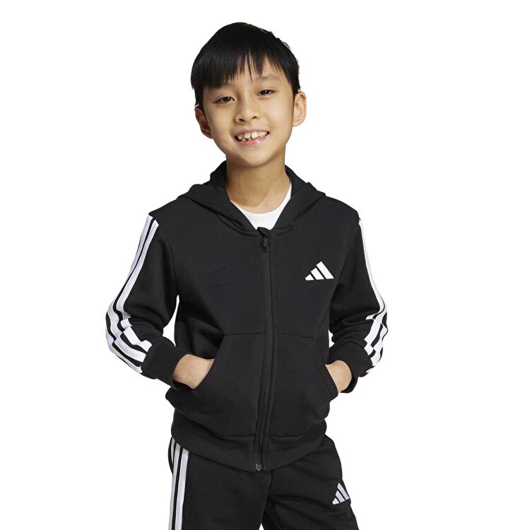 adidas 3 Stripes Fleece Çocuk Siyah Kapüşonlu Ceket