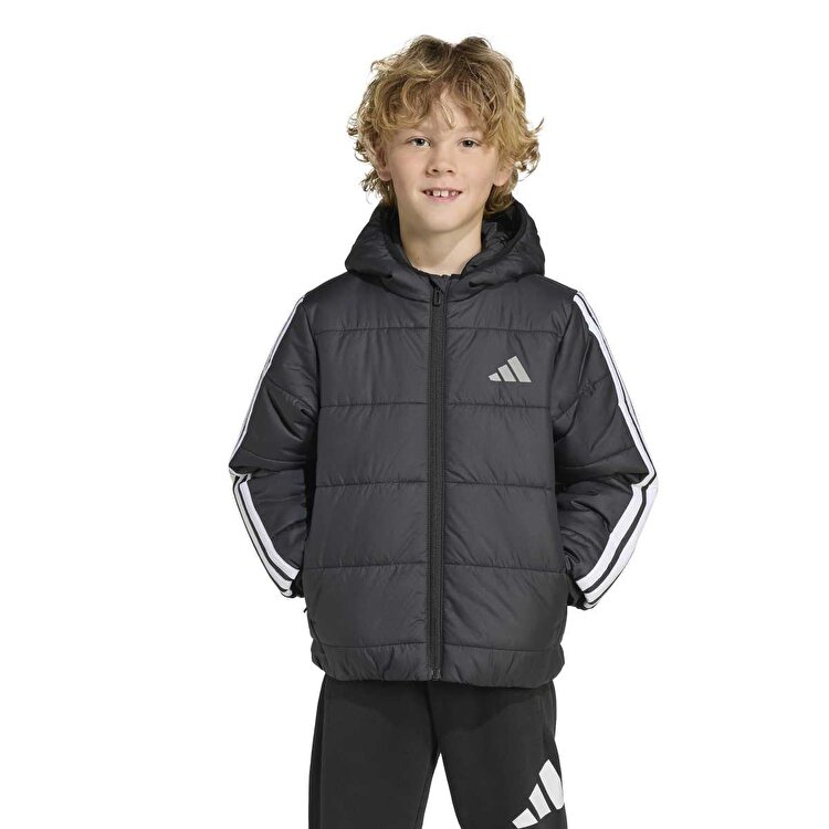 adidas Essentials 3 Stripes Çocuk Siyah Kapüşonlu Ceket