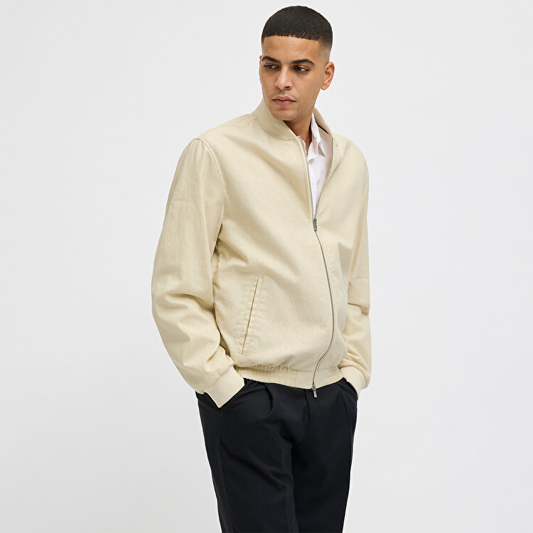 Jack&Jones Blaleister Linen Blend Bomber Erkek Bej Klasik Yaka Ceket