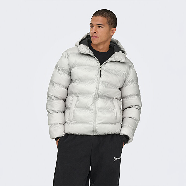 Only&Sons Union Seamless Life Puffer Erkek Gri Kapüşonlu Mont