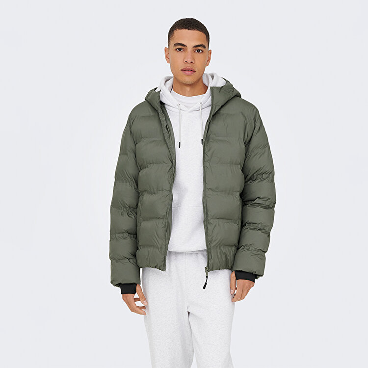 Only&Sons Union Seamless Life Puffer Erkek Gri Kapüşonlu Mont