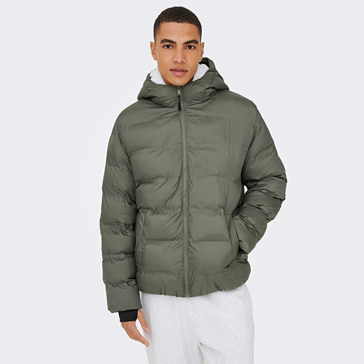 Only&Sons Union Seamless Life Puffer Erkek Gri Kapüşonlu Mont