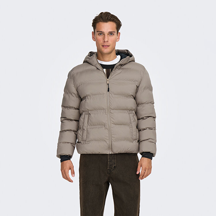 Only&Sons Union Seamless Life Puffer Erkek Bej Kapüşonlu Mont