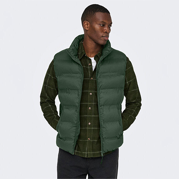 Only&Sons Union Seamless Life Puffer Erkek Haki Dik Yaka Yelek