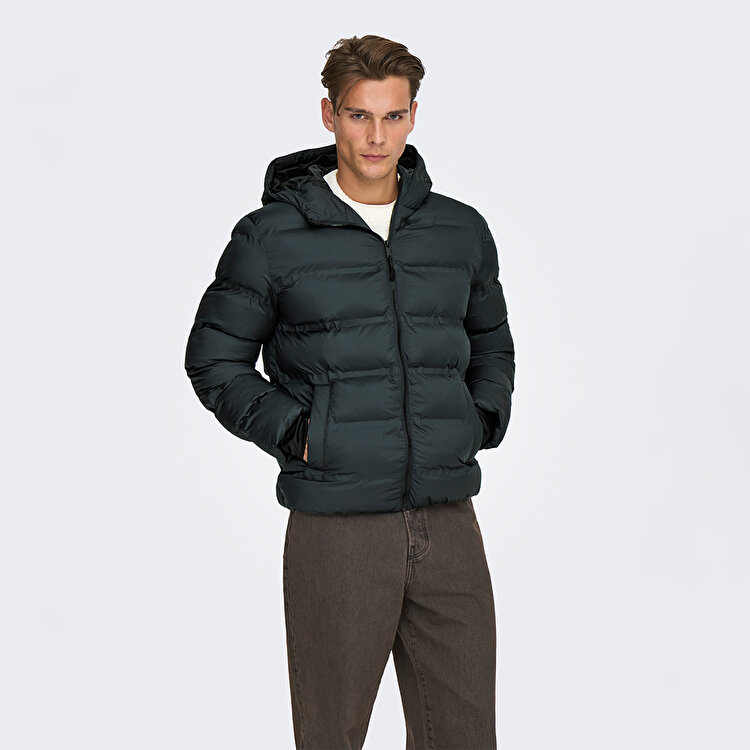 Only&Sons Union Seamless Life Puffer Erkek Siyah Kapüşonlu Mont