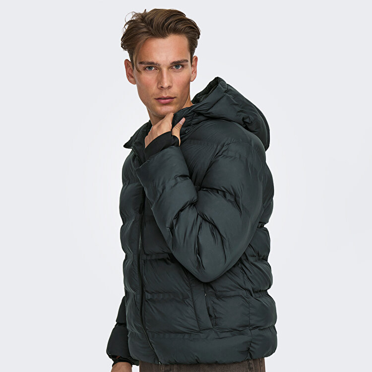 Only&Sons Union Seamless Life Puffer Erkek Siyah Kapüşonlu Mont