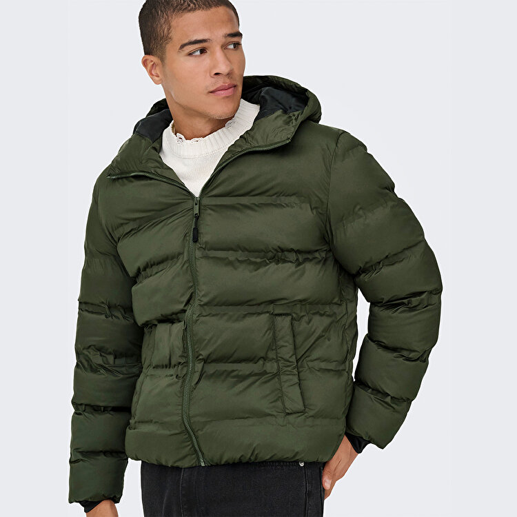 Only&Sons Union Seamless Life Puffer Erkek Haki Kapüşonlu Mont