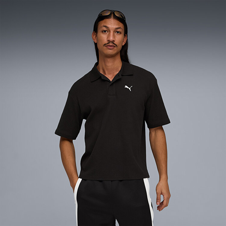 Puma Wardrobe Essentials Boxy Waffle Erkek Siyah Polo Yaka Tişort