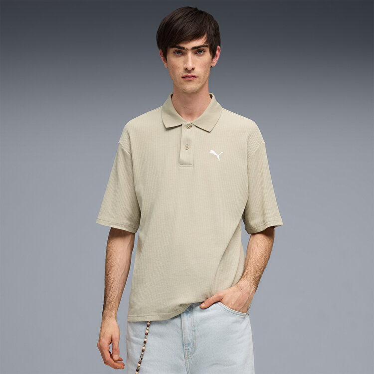 Puma Wardrobe Essentials Boxy Waffle Erkek Bej Polo Yaka Tişort