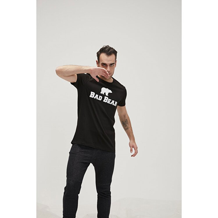 Bad Bear Erkek Siyah Baskılı Bisiklet Yaka Tişört