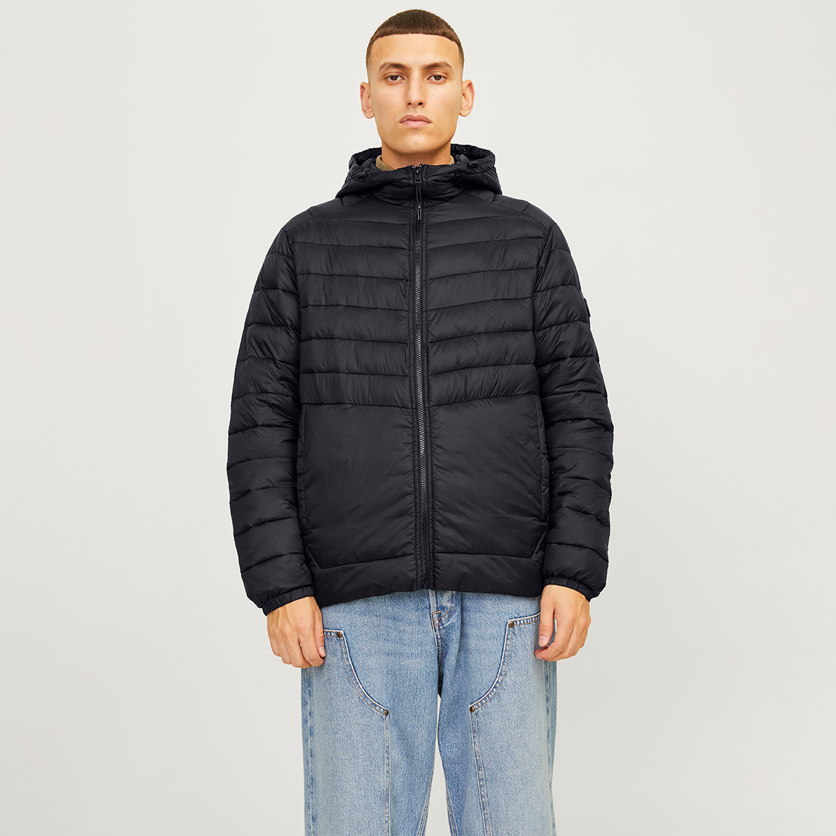PAS Men's Jacket Sサイズ Jack&Jones Print Puffer Erkek Siyah Kapüşonlu Mont 12258441-BLK