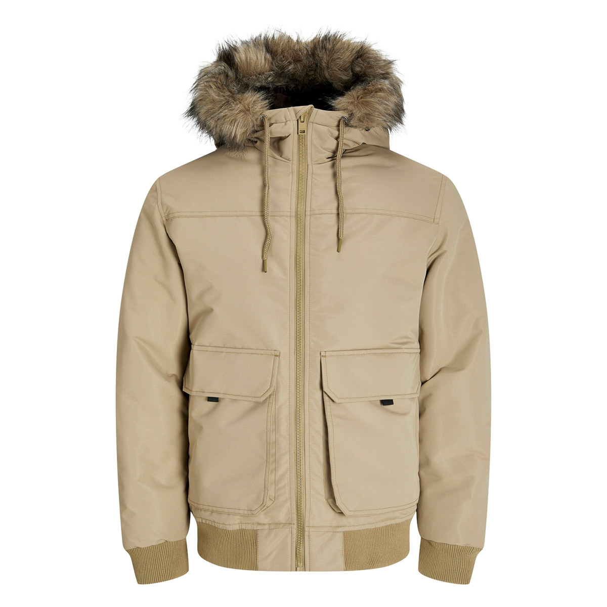 Jack&Jones Construct Faux Fur Bomber Erkek Bej Kapüşonlu Mont